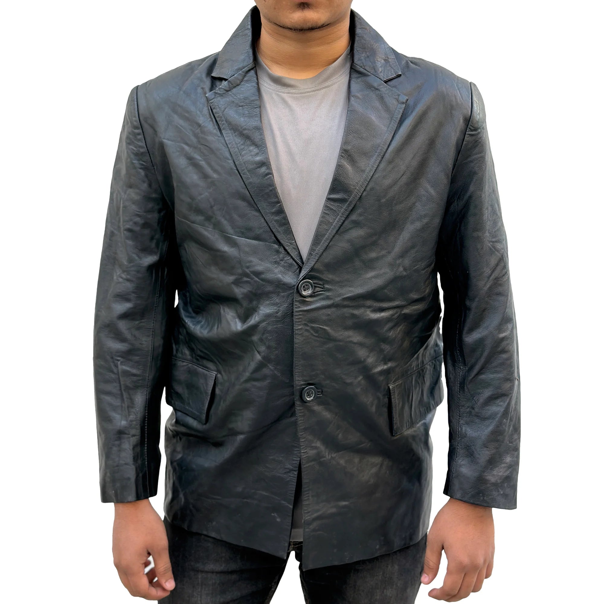 Men’s Black Two Button Leather Blazer Jacket – Genuine Leather, Handcrafted