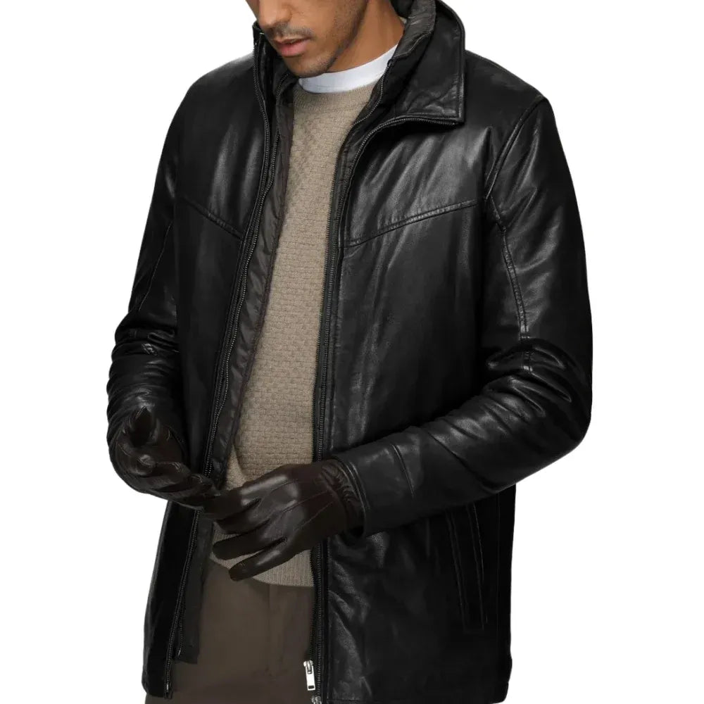 Men’s Real Lambskin Leather Walking Coat with Detachable Quilted Vest