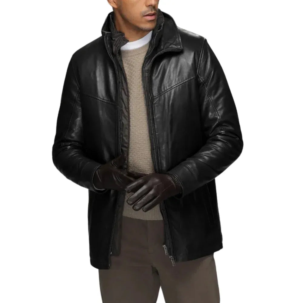 Men’s Real Lambskin Leather Walking Coat with Detachable Quilted Vest