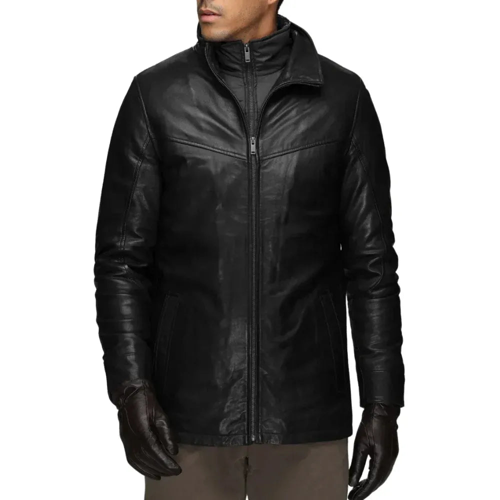 Men’s Real Lambskin Leather Walking Coat with Detachable Quilted Vest