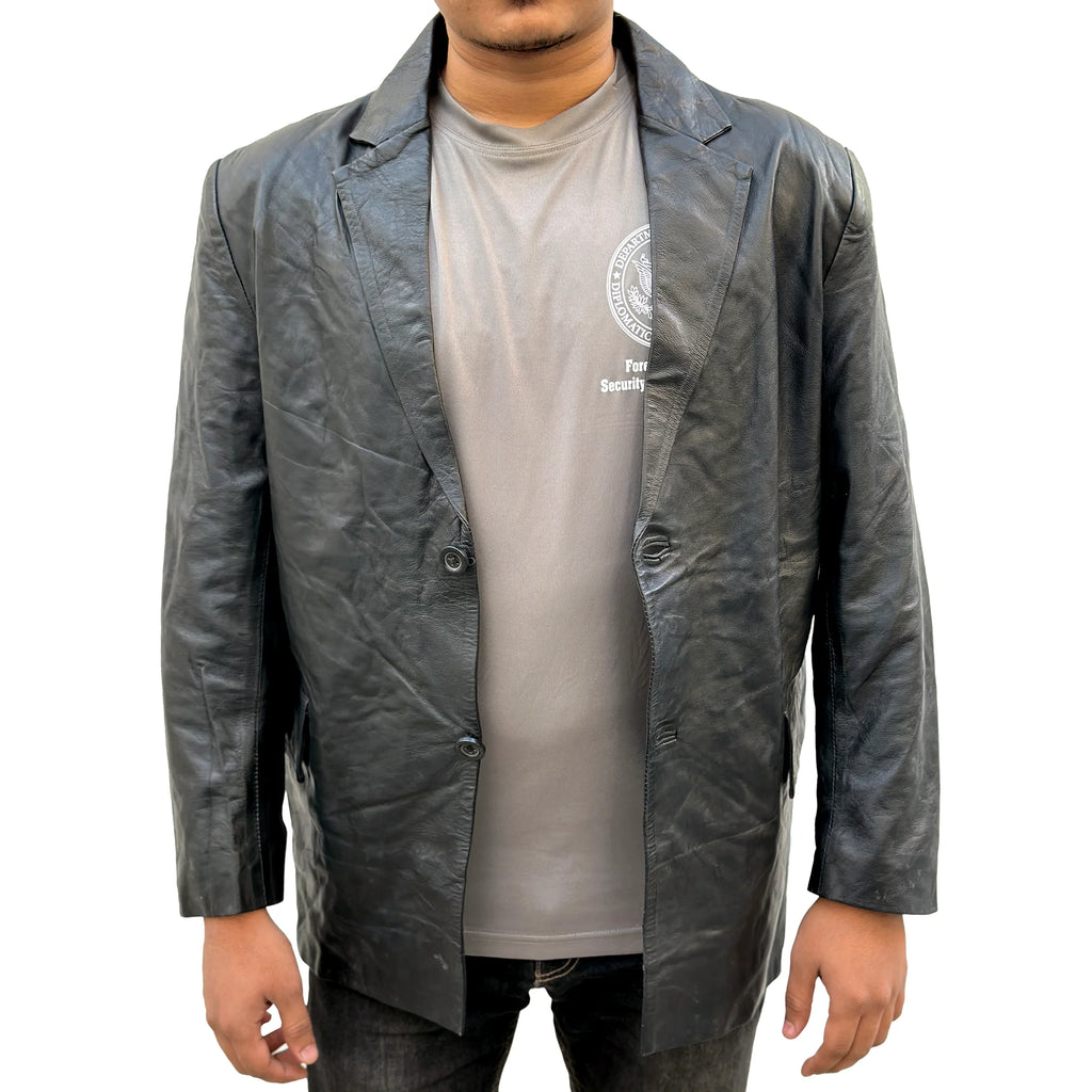 Men’s Black Two Button Leather Blazer Jacket – Genuine Leather, Handcrafted