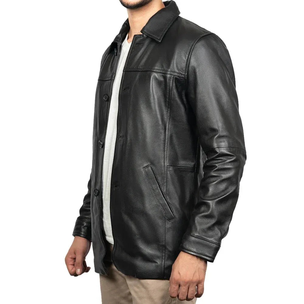 Men's Black Victor 3/4 Length Lambskin Leather Car Coat