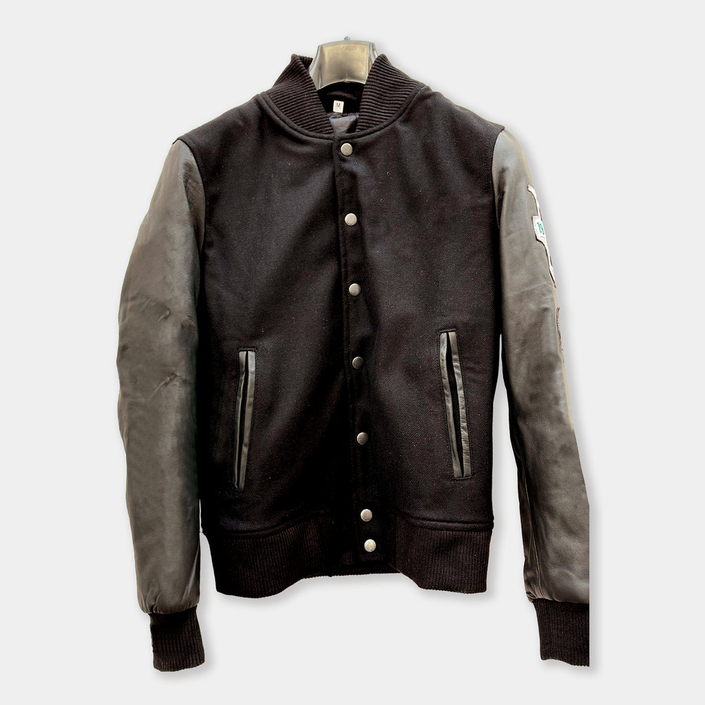 Mens Black Varsity Jacket with Leather Sleeves