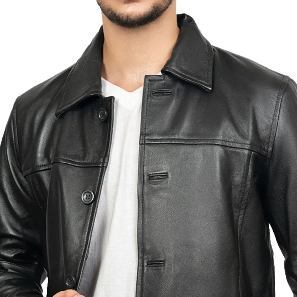 Men's Black Victor 3/4 Length Lambskin Leather Car Coat