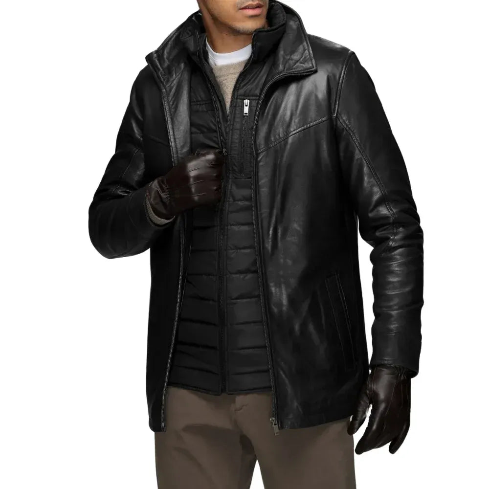 Men’s Real Lambskin Leather Walking Coat with Detachable Quilted Vest
