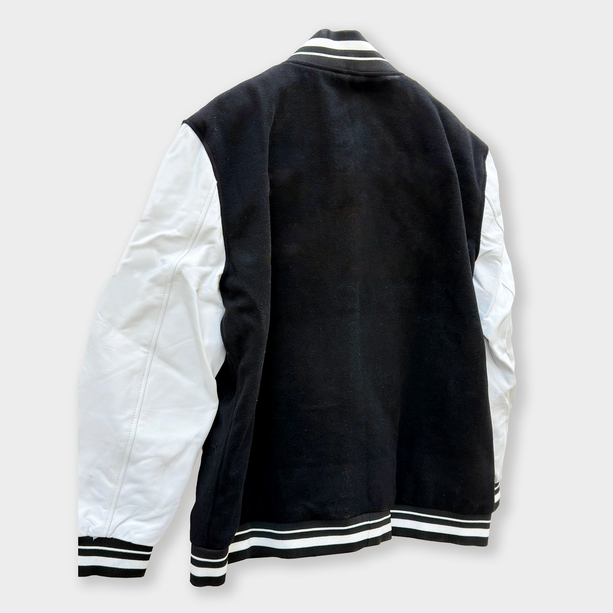 Men’s Black Varsity Jacket with White Leather Sleeves