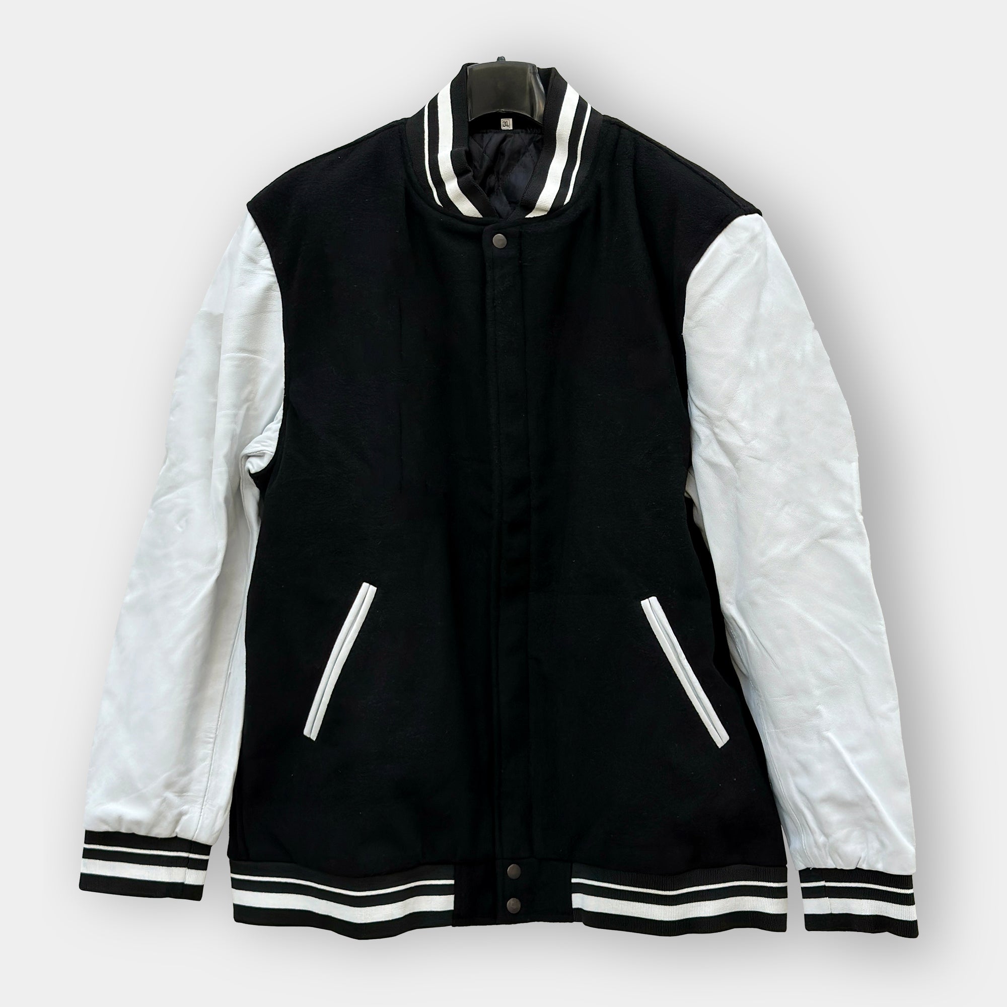 Men’s Black Varsity Jacket with White Leather Sleeves