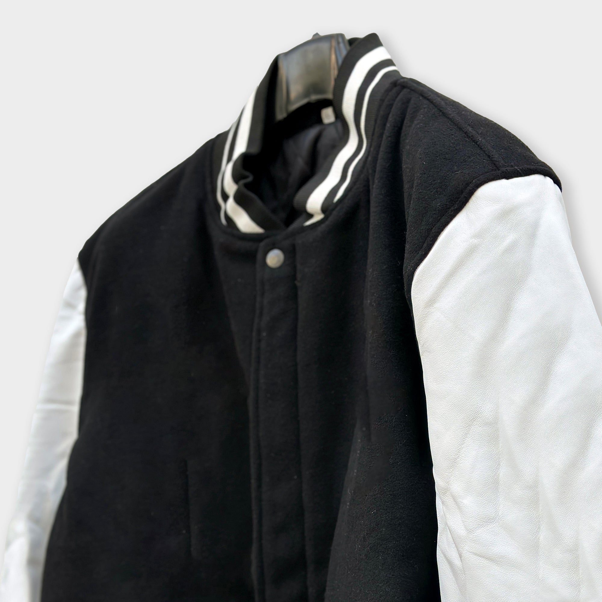 Men’s Black Varsity Jacket with White Leather Sleeves